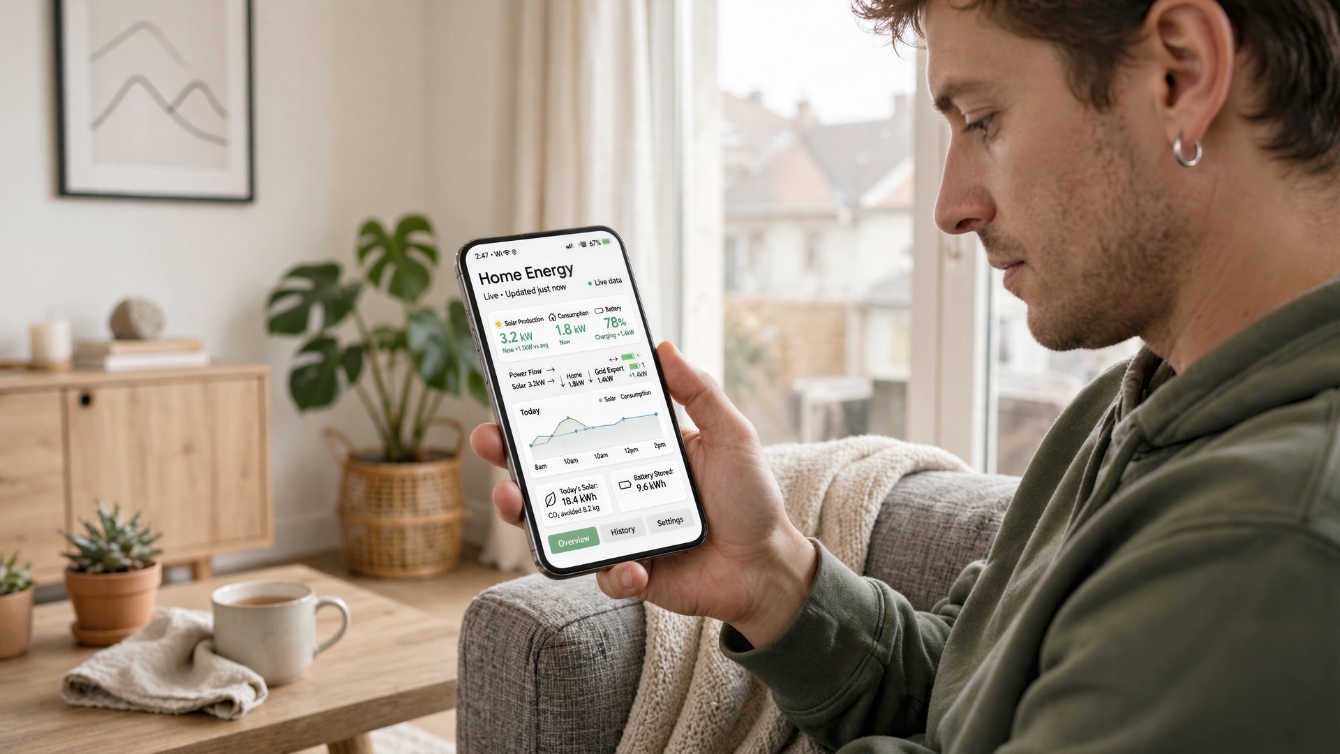 Uomo seduto sul divano che controlla i consumi di casa dall'app dello smartphone