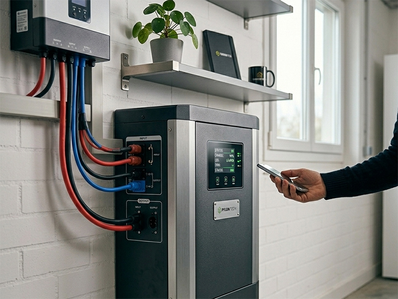 Batteria al litio LiFePO4 a parete in ambiente domestico